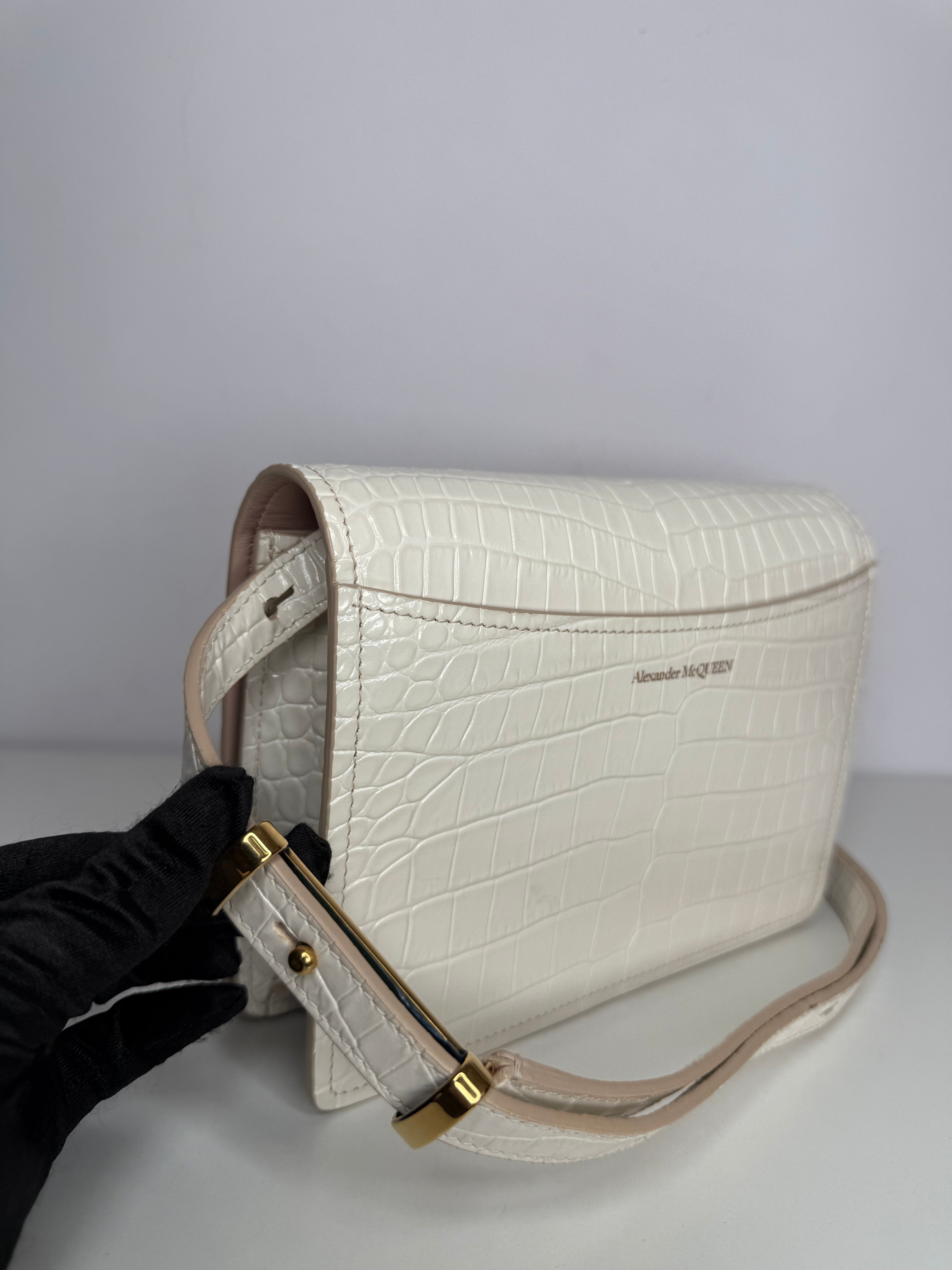 Alexander McQueen Croc Embossed Four Ring Crossbody Bag in Soft Ivory