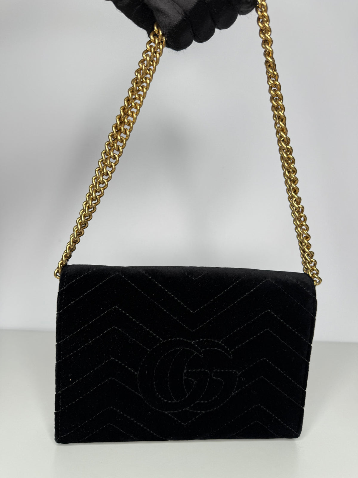 Gucci Velvet Matelasse GG Marmont Chain Wallet Black