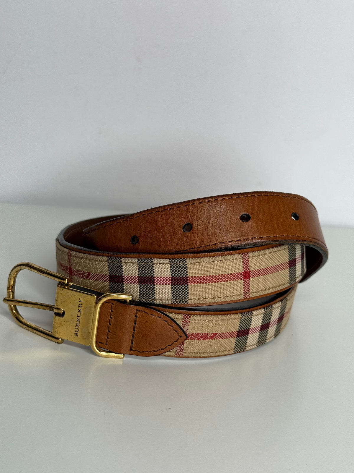 Burberry Beige/Brown Haymarket Check Canvas and Leather Slim Belt