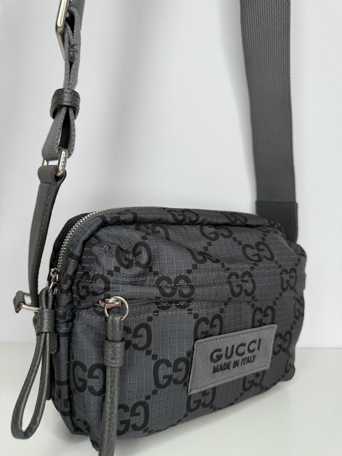 Gucci Men’s Medium GG Ripstop Damier Crossbody Bag Grey