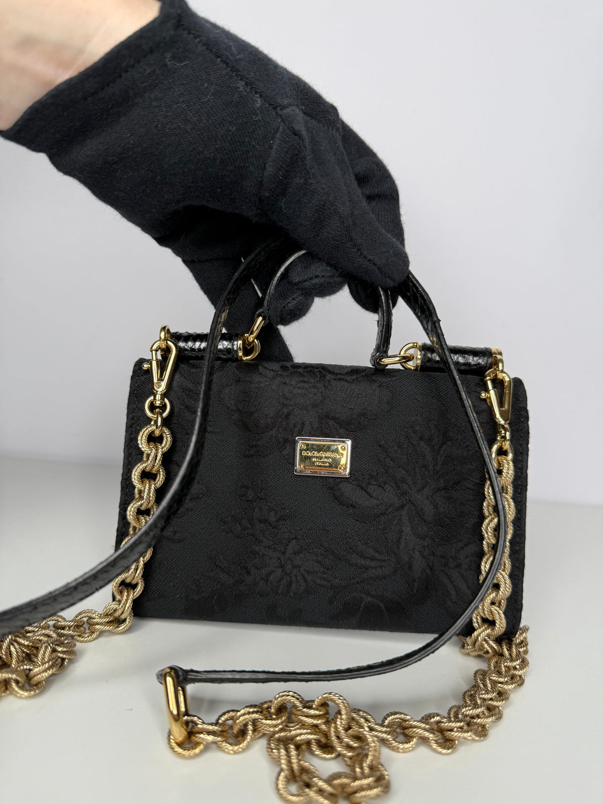 Dolce Gabbana Rare Sicily Von Bag Black with Roses and Sacred Heart