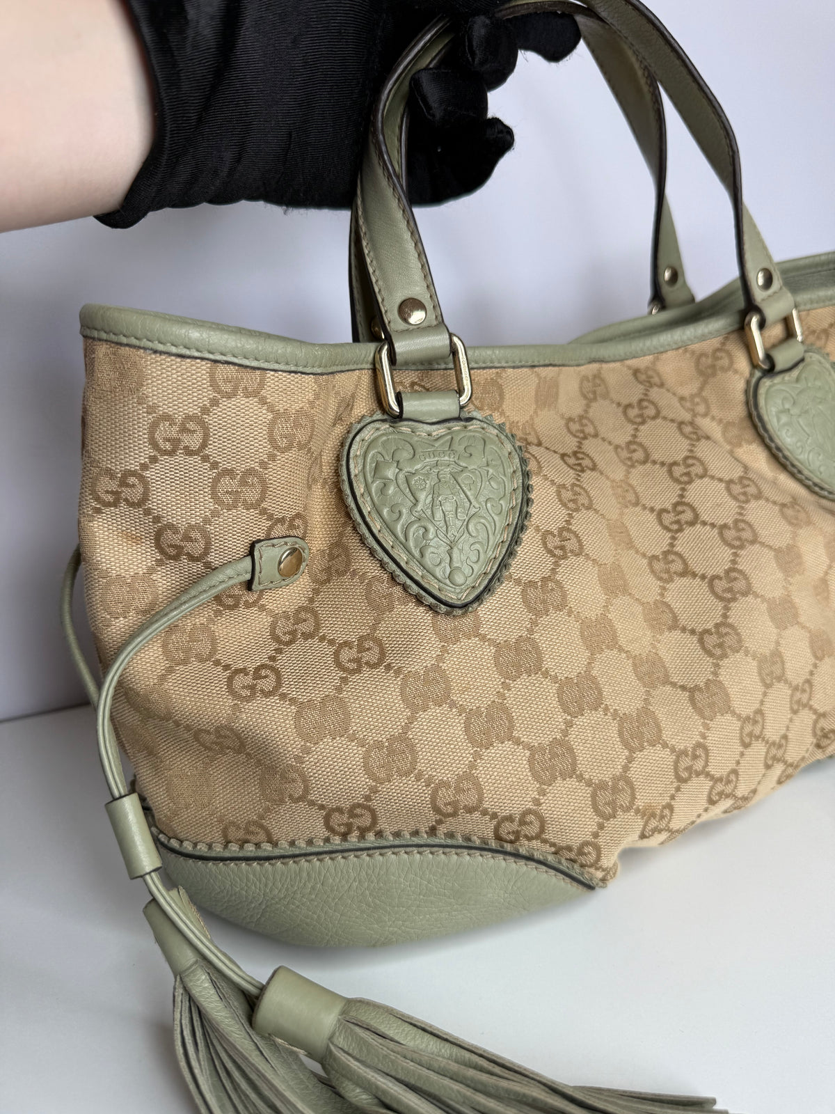 Gucci Beige GG Canvas and Green Leather Tribeca Small Tote Bag