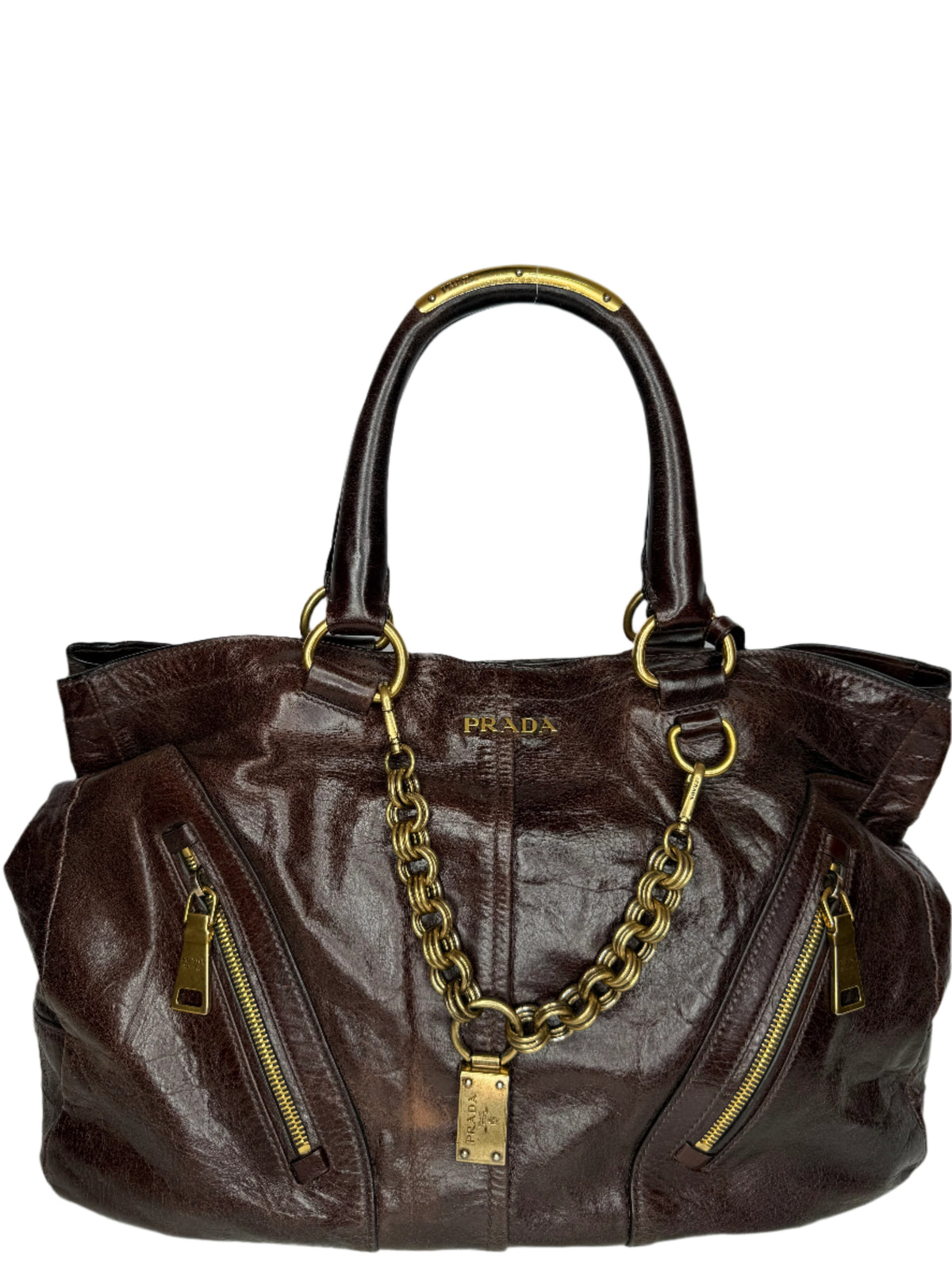 Prada Dark Brown Vitello Shine Leather Bowler Bag