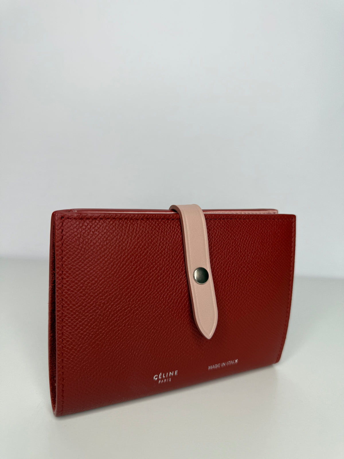 Celine Red/Light Pink Grained Leather Multifunction Strap Wallet