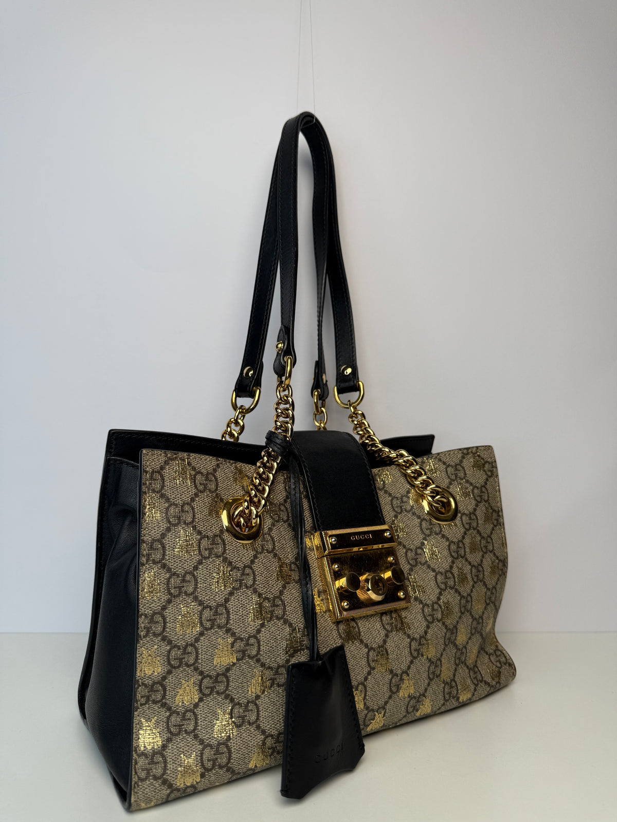Gucci Neutral Padlock GG Supreme Canvas With Gold Bees Print