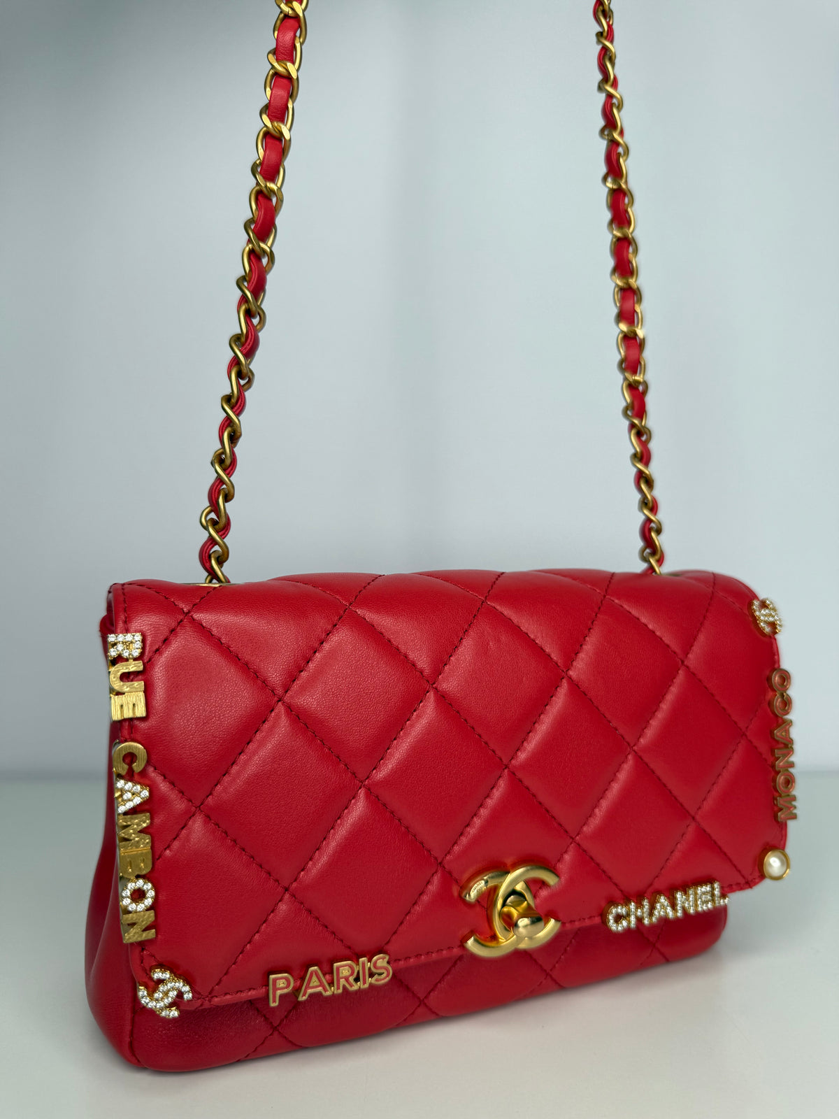 Chanel Paris–Monaco Cruise 2023 Coral Red Lambskin Crystal Flap Bag