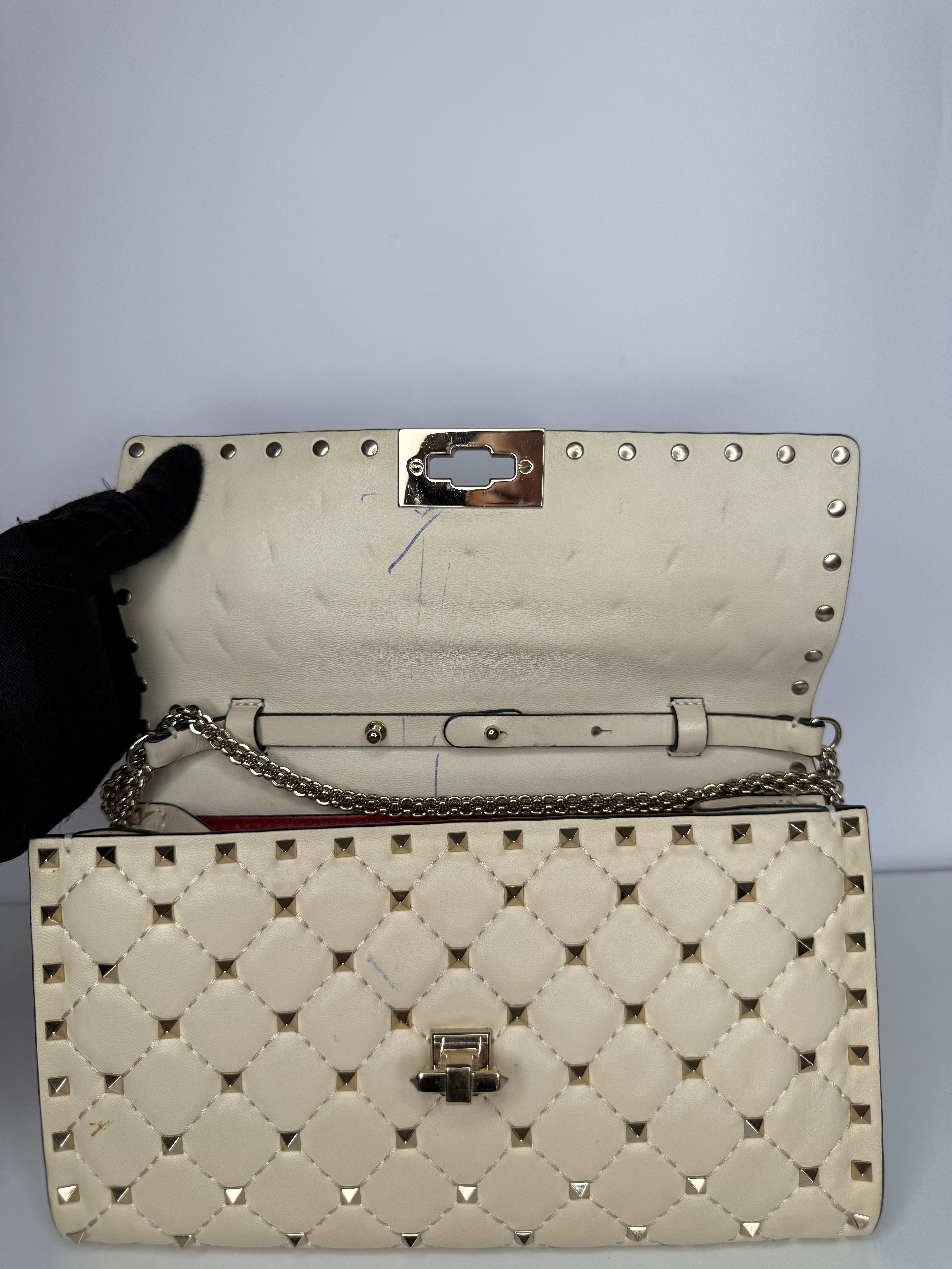 Valentino Ivory Leather Rockstud Spike Shoulder Flap Bag