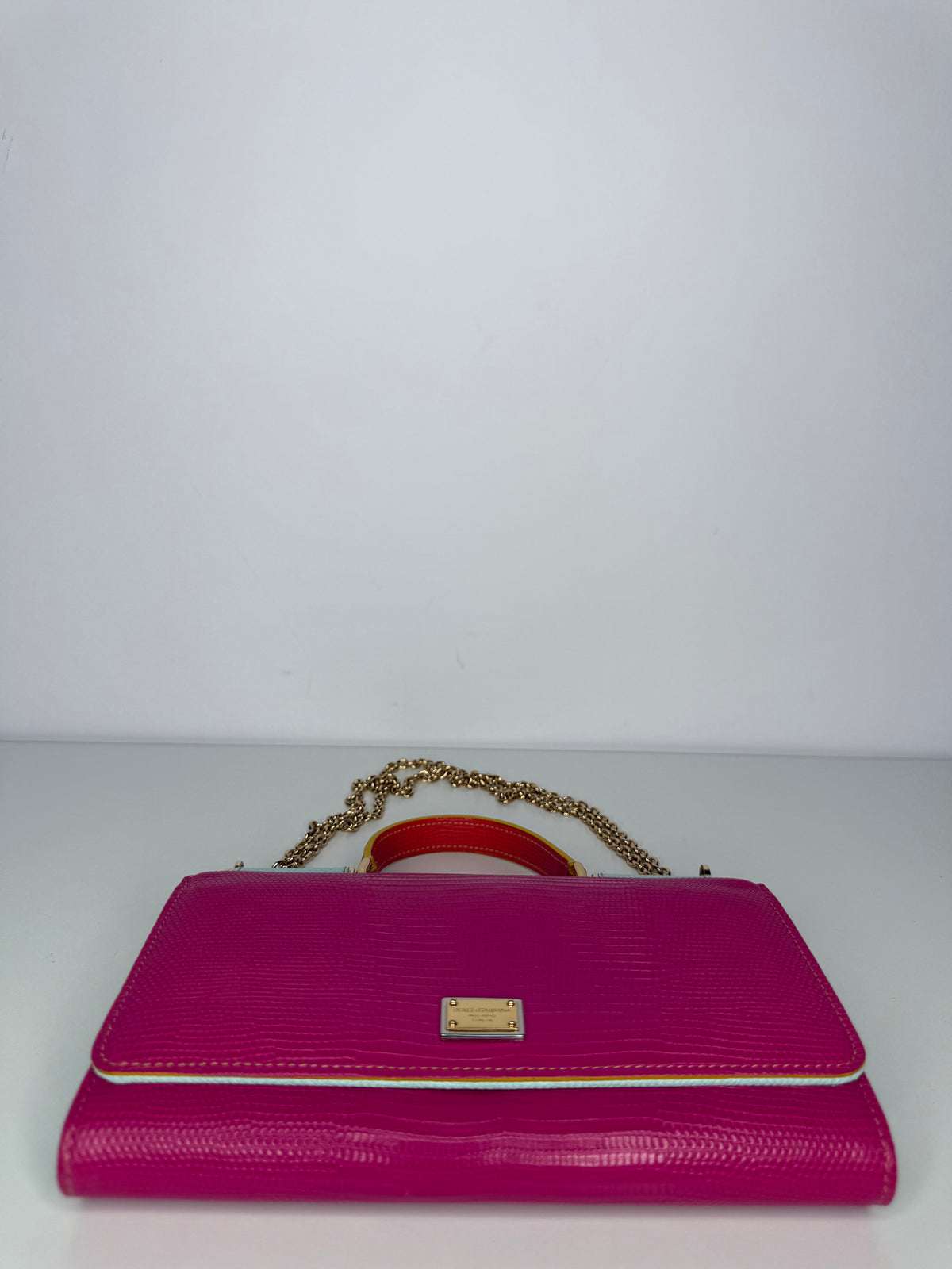 Dolce Gabbana Pink Lizard Embossed Wallet On Chain