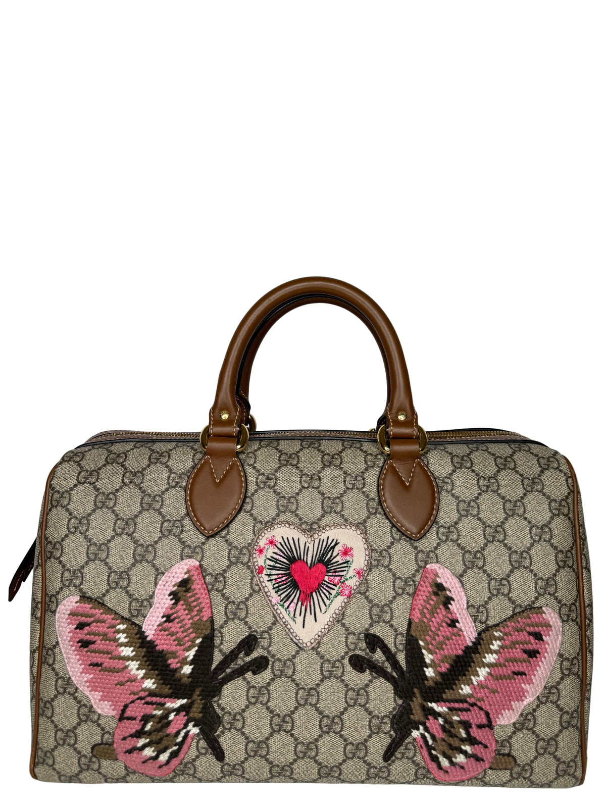 Gucci Beige/Ebony GG Supreme Coated Canvas Butterfly Embroidered Boston Bag