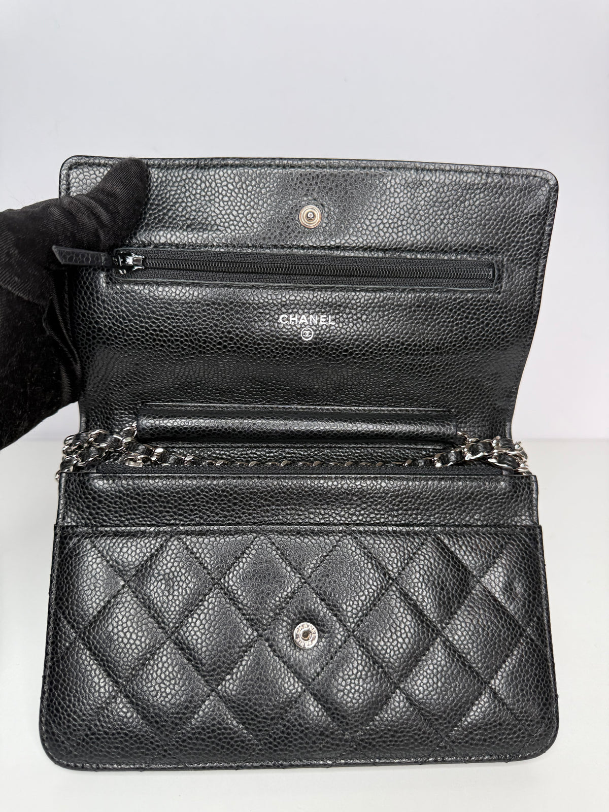 Chanel Black Quilted Caviar Leather Classic Wallet On Chain