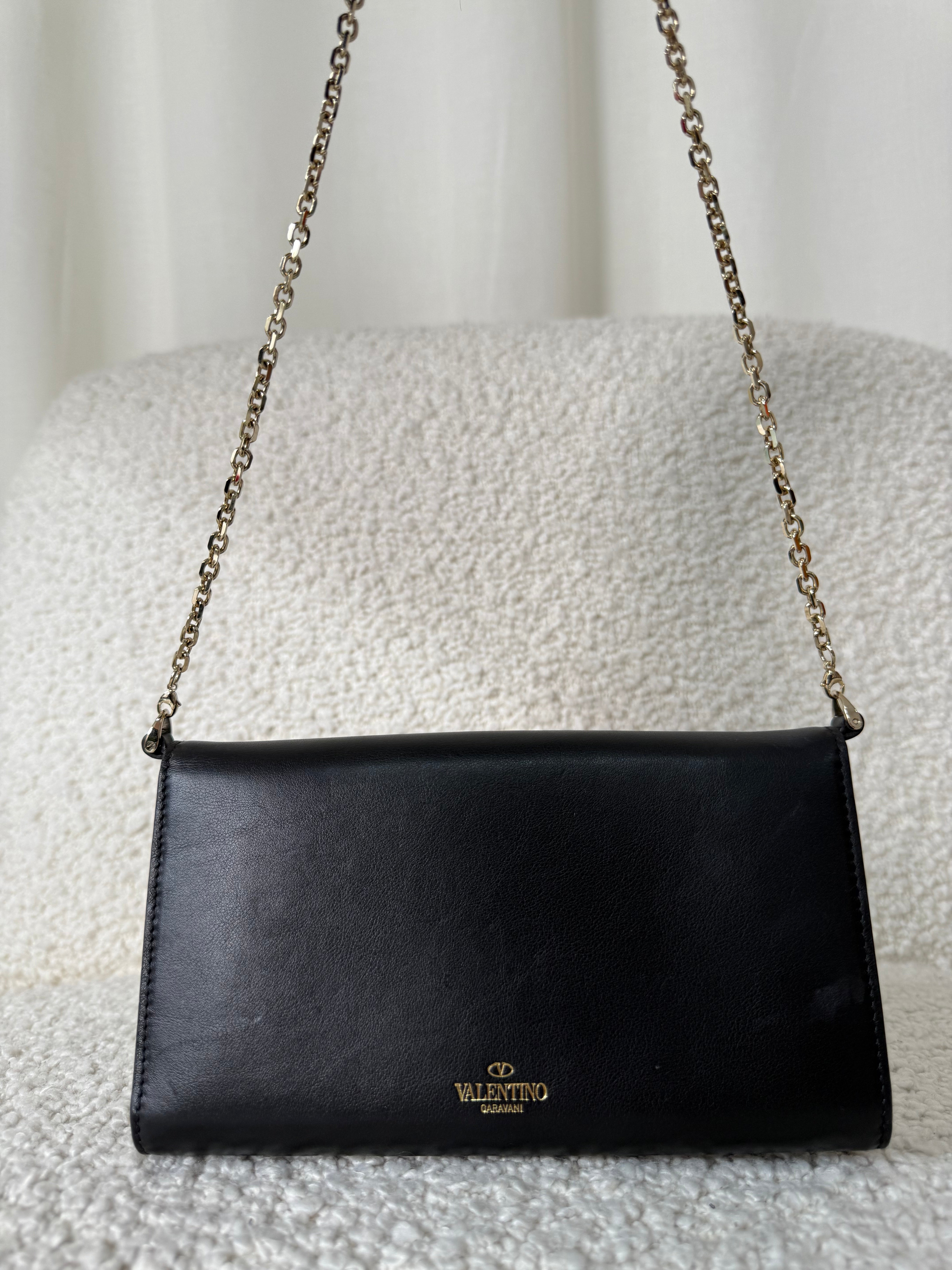 Valentino Garavani Parrot Motif and Black Leather Wallet on Chain