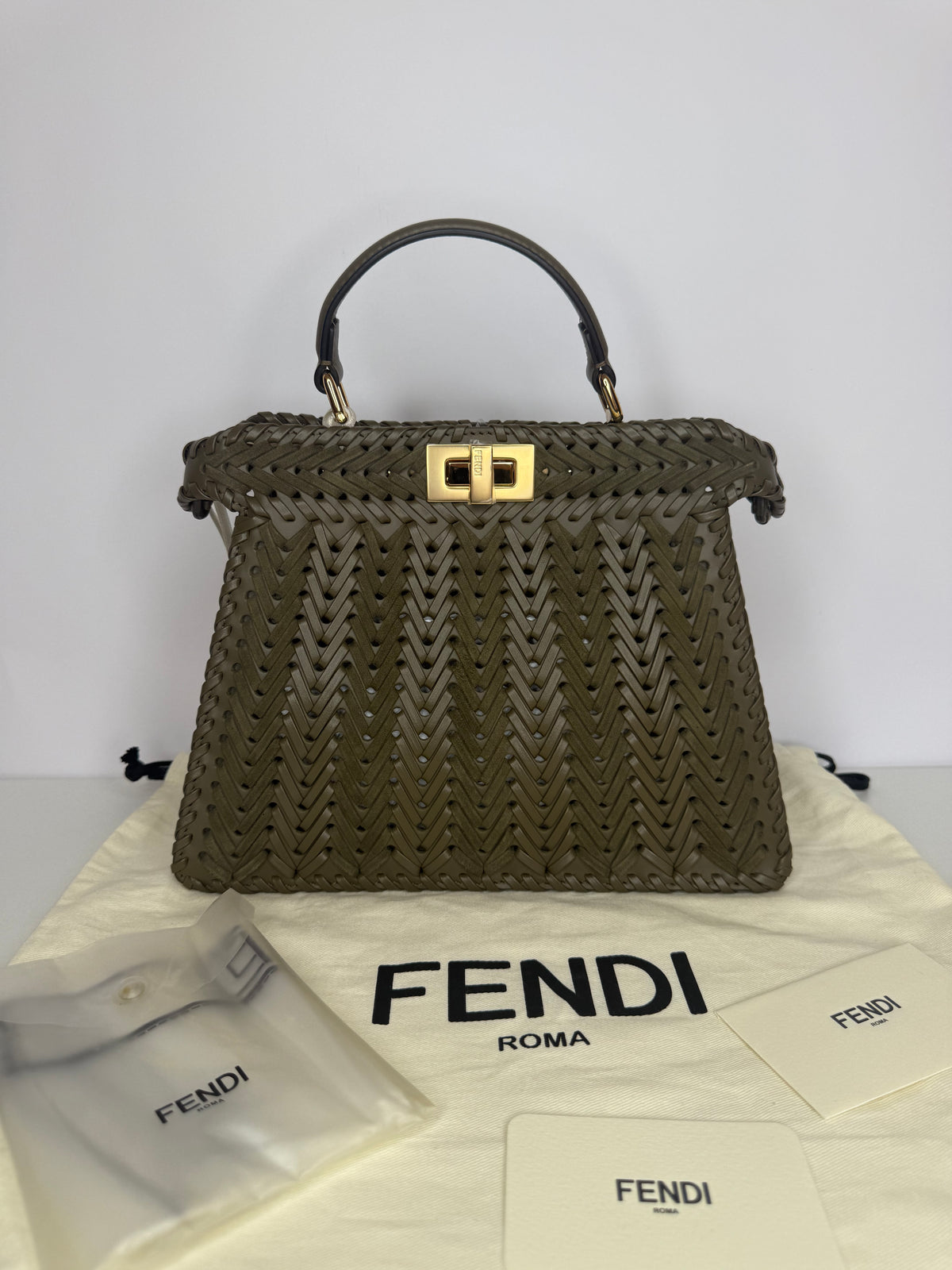 Fendi Peekaboo ISeeU Small Olive Green interlaced Leather Bag