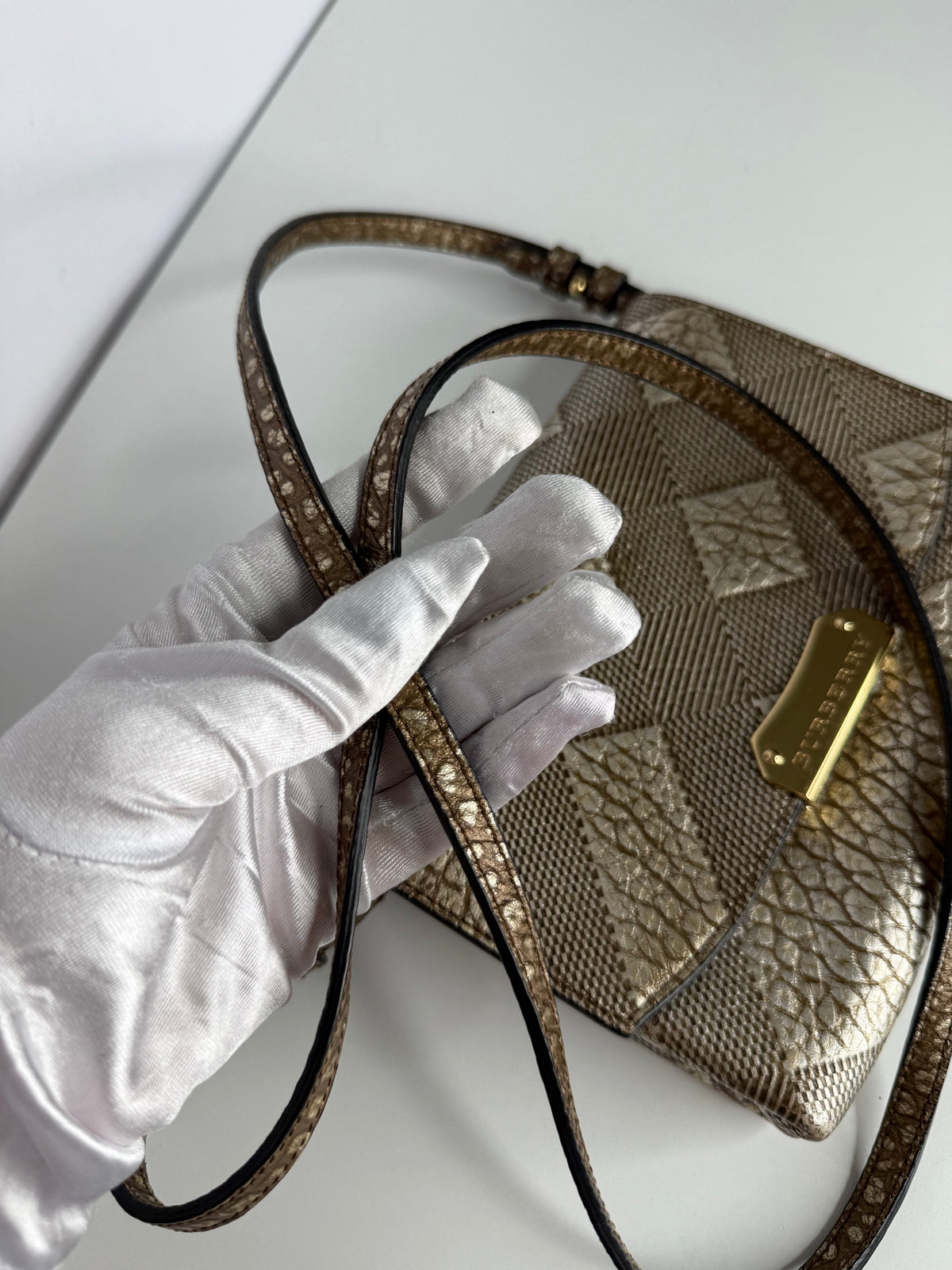 Burberry Gold Embossed Check Leather Flap Crossbody Bag