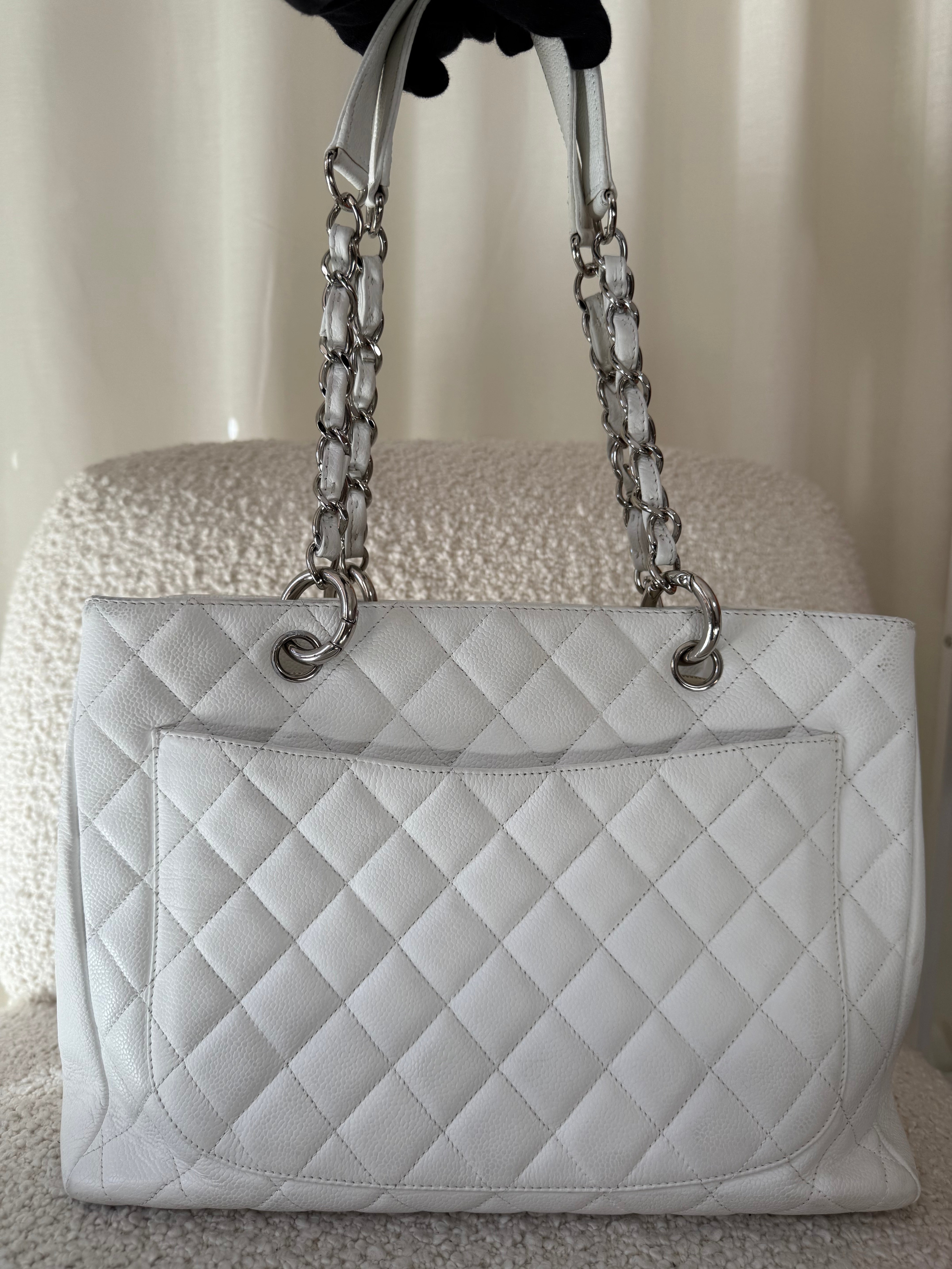 Chanel White Quilted Caviar Leather Grand Shopping Tote