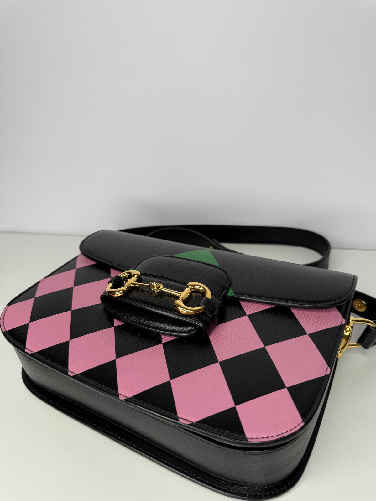 Gucci Horsebit 1955 Multicolor Geometric Pattern on Black Leather Shoulder Bag