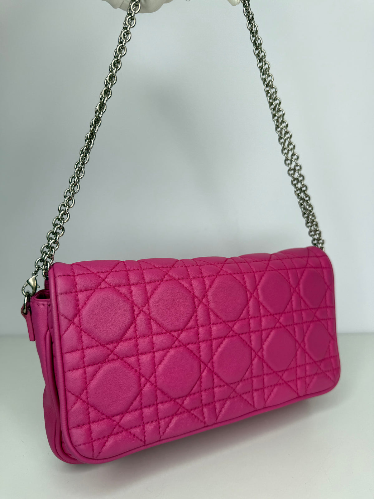 Christian Dior Fuchsia Cannage Quilted Lambskin Wallet on Chain Pochette