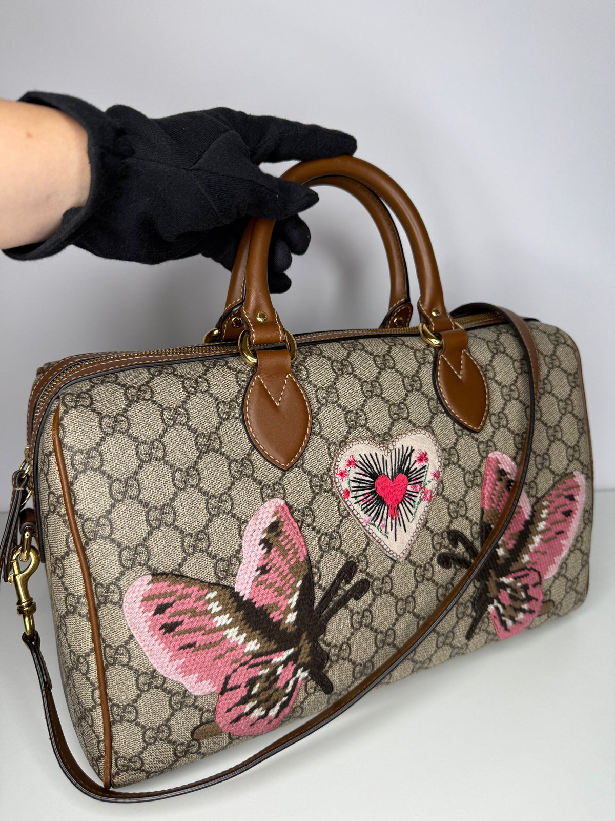 Gucci Beige/Ebony GG Supreme Coated Canvas Butterfly Embroidered Boston Bag