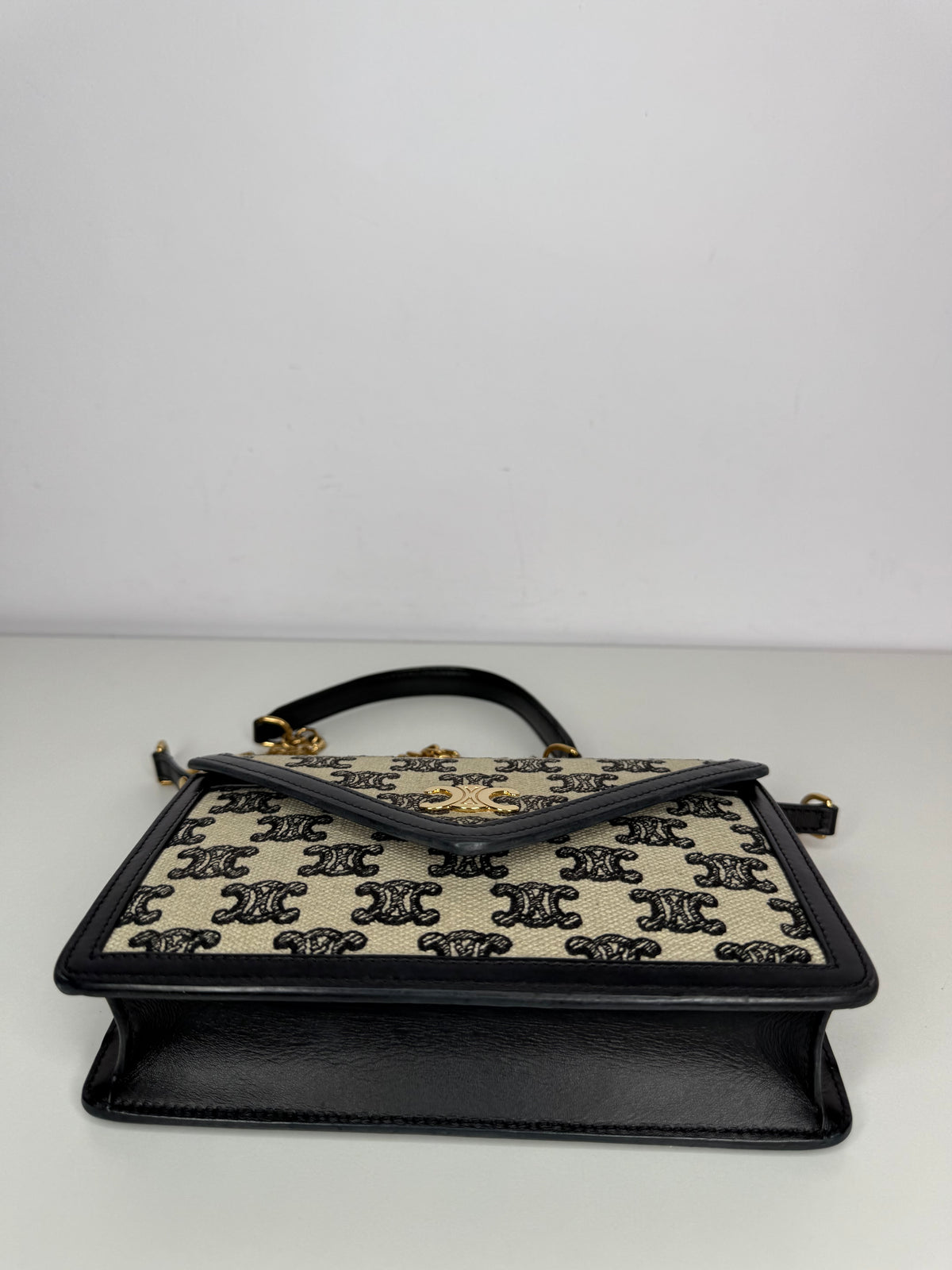 Celine Maillon Triomphe Canvas Wallet on Chain in Black and White