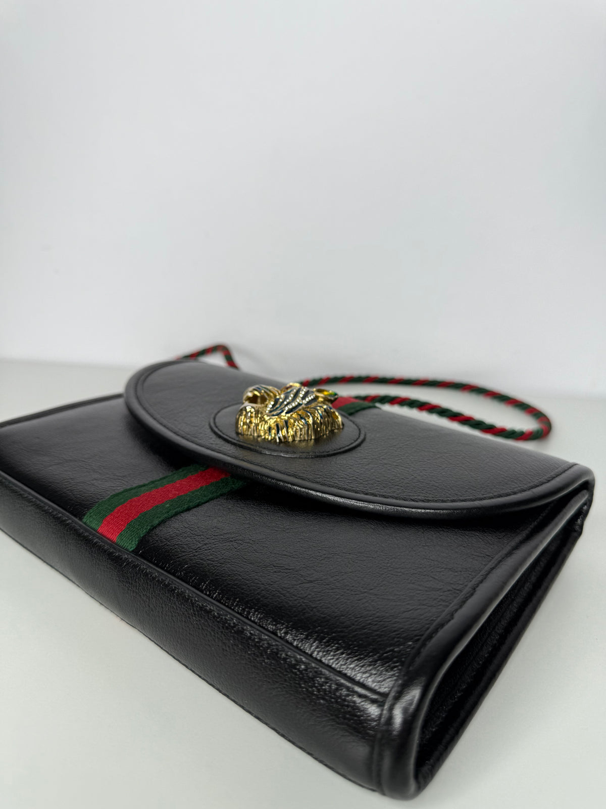 Gucci Rajah Tiger Black Leather Small Shoulder Bag Chain Web