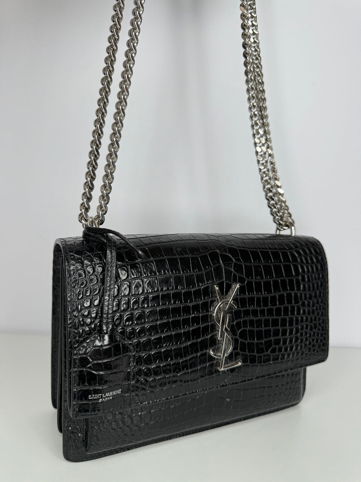 Saint Laurent Sunset Medium Black Calfskin Crocodile Embossed