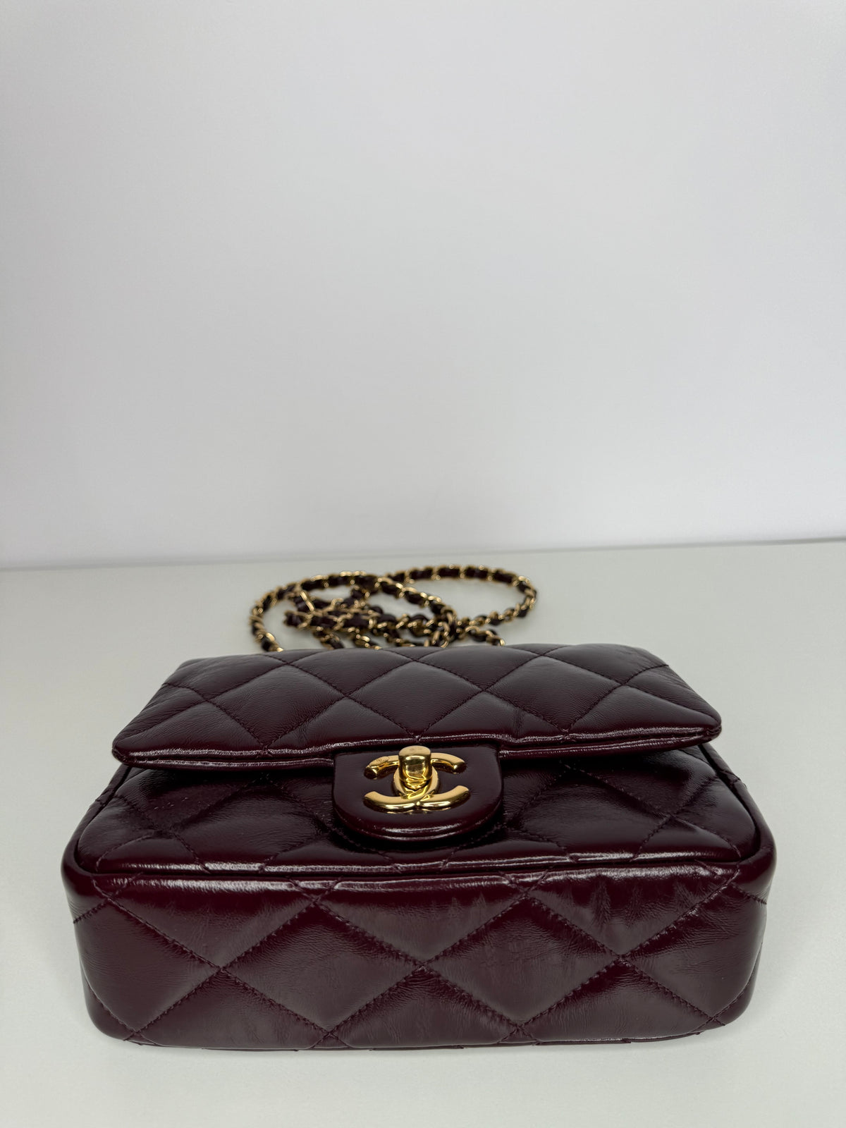 Chanel Mini Top Handle Flap Bag in Burgundy Quilted Leather Gold Hardware