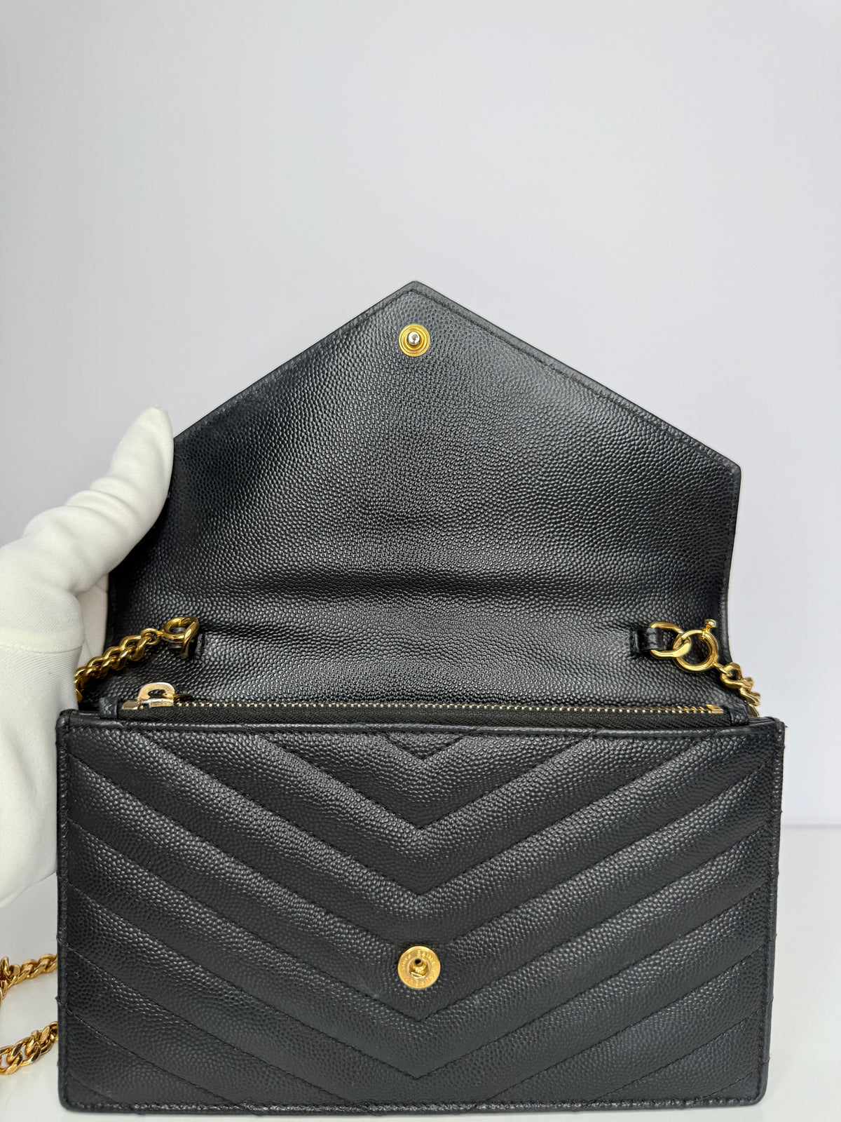 Saint Laurent Cassandre Envelope Black Grain De Poudre Leather Wallet on Chain