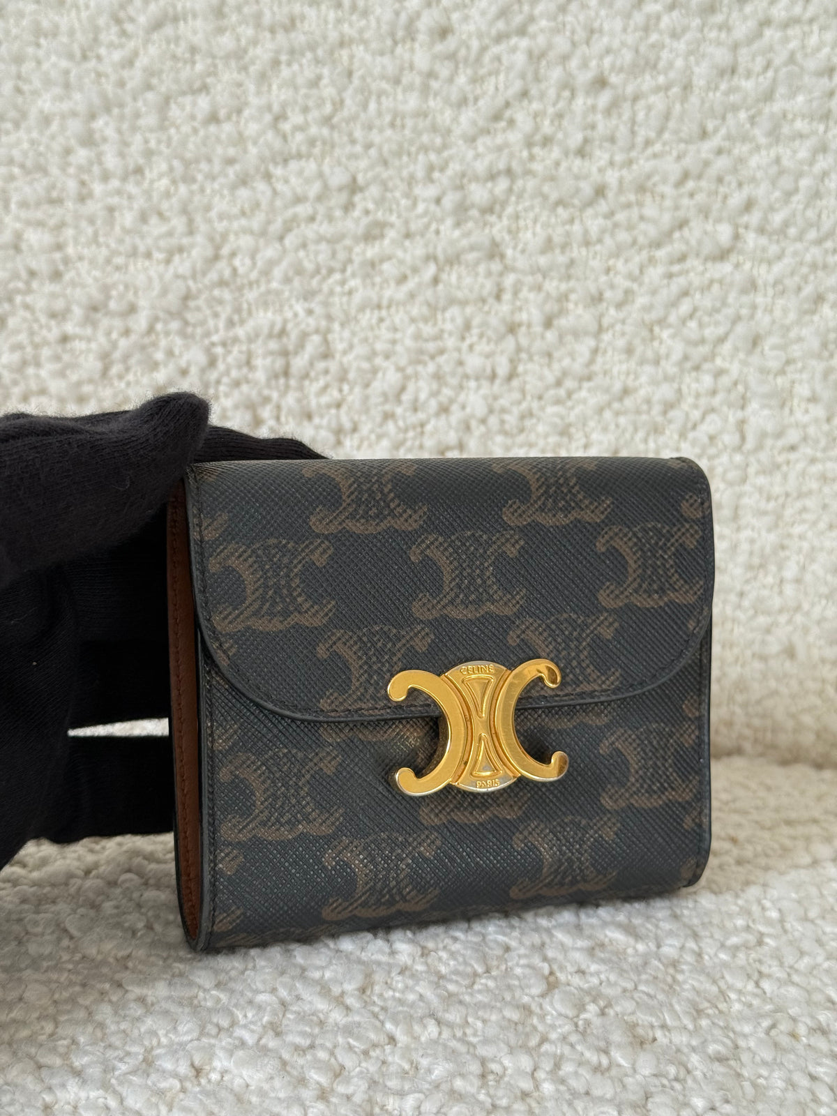 Celine Small Flap Wallet Triomphe In Triomphe Canvas Tan