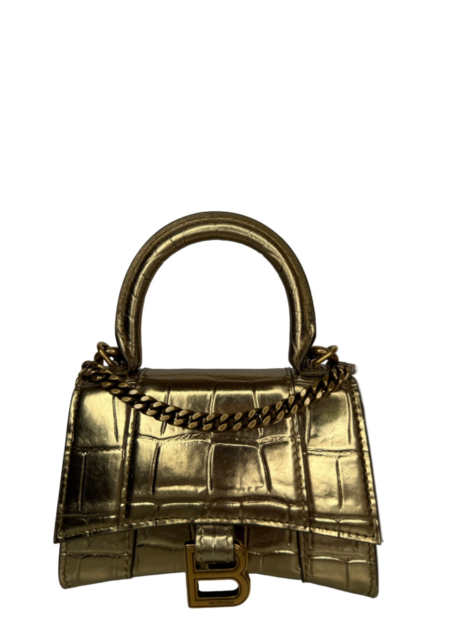 Balenciaga Gold Croc Embossed Hourglass Nano Top Handle Bag