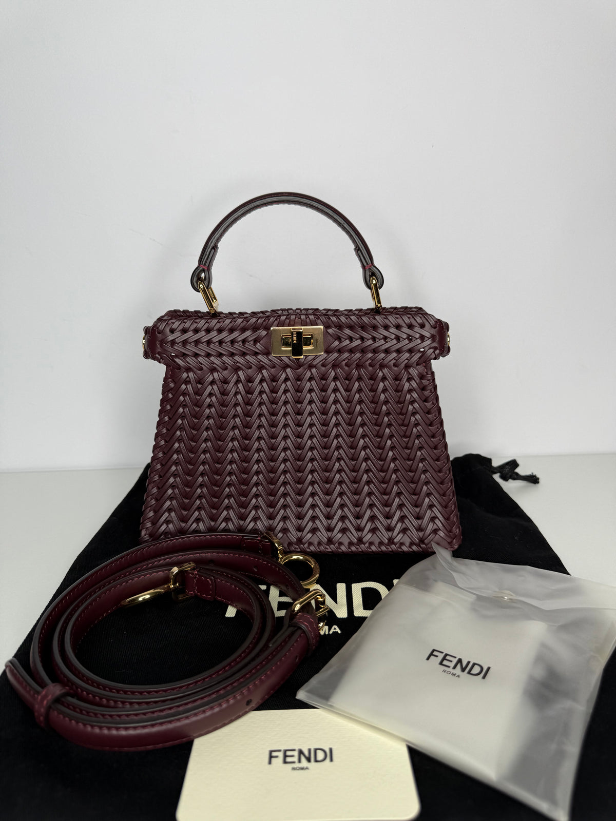 Fendi Peekaboo ISeeU Petite Burgundy Interlace Leather Bag