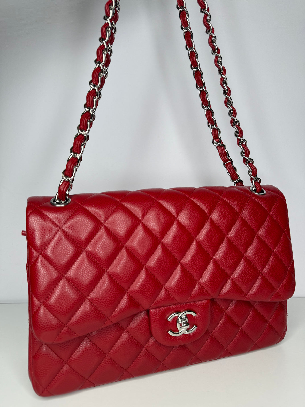 Chanel Jumbo Classic Double Flap Bag Red Caviar Silver Hardware