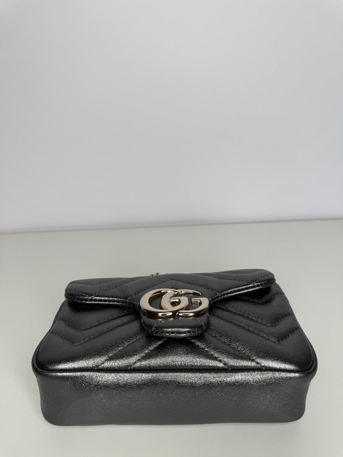 Gucci Calfskin Matelasse Super Mini GG Marmont Shoulder Bag Dark Gray