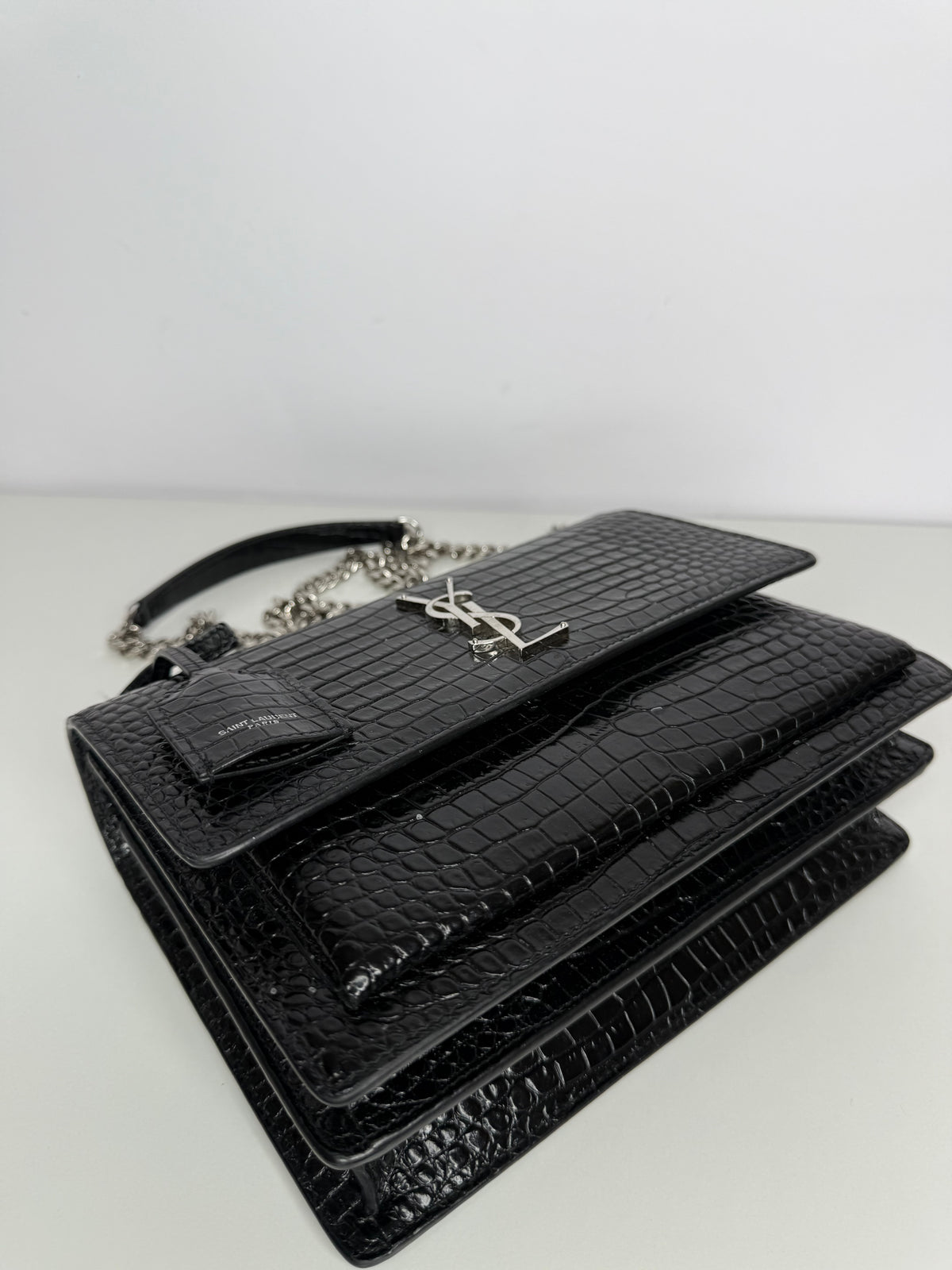 Saint Laurent Sunset Medium Black Calfskin Crocodile Embossed