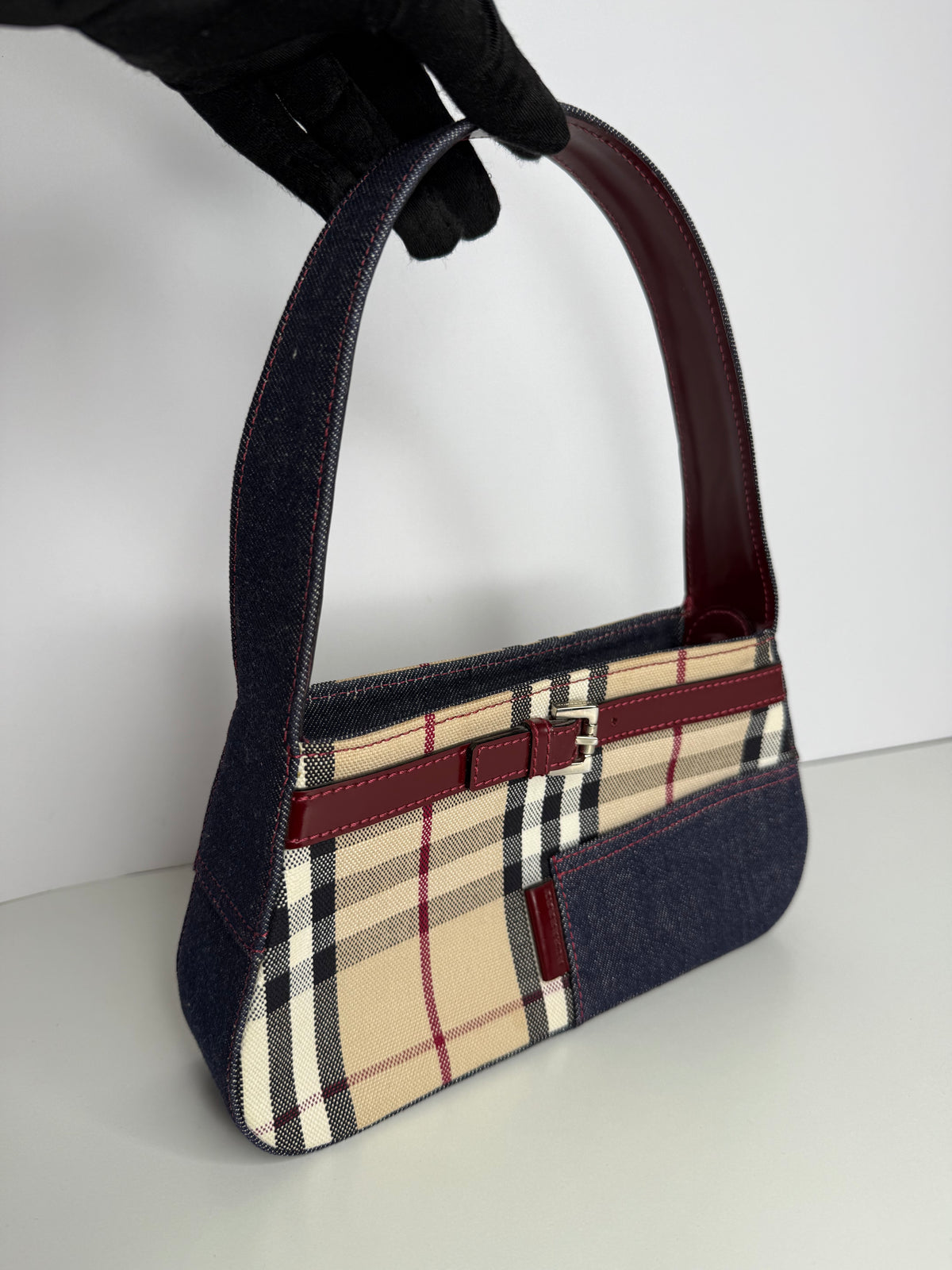 Burberry House Check Canvas Burgundy Buckle with Denim Pocket Detail Pochette