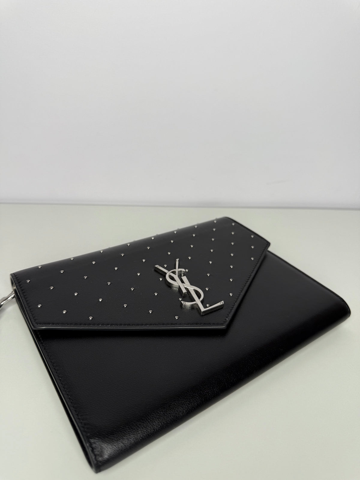 Saint Laurent Cassandre Smooth Calfskin Studded Leather Clutch