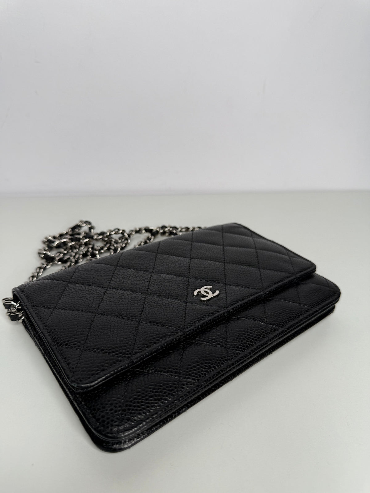 Chanel Black Quilted Caviar Leather Classic Wallet On Chain