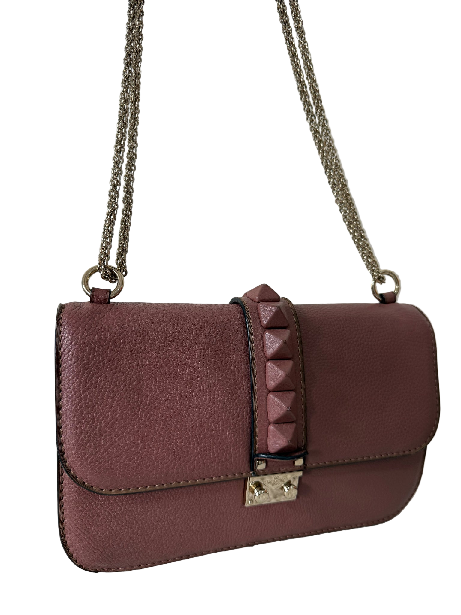 Valentino Garavani Old Rose Leather Rockstud Glam Lock Medium Flap Bag