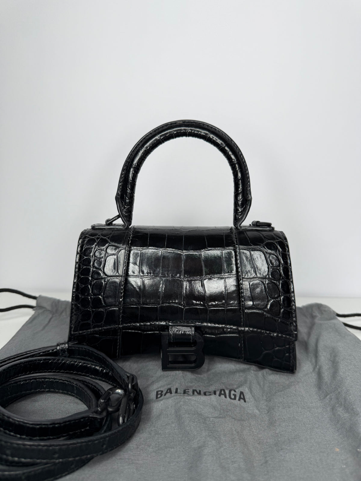 Balenciaga XS Hourglass Croc Embossed Bag Black