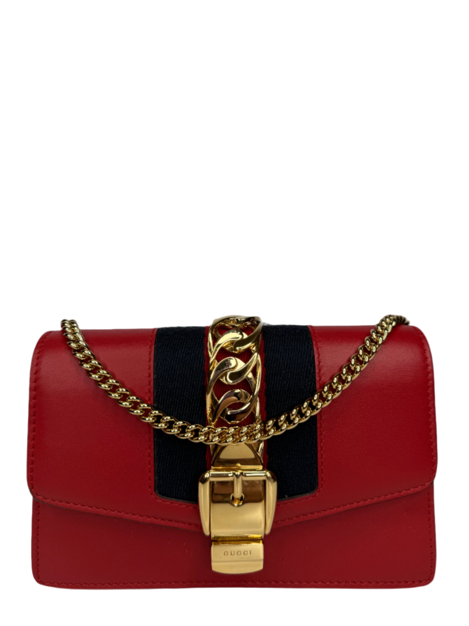 Gucci Mini Sylvie Red Leather Web Signature Chain Crossbody Bag