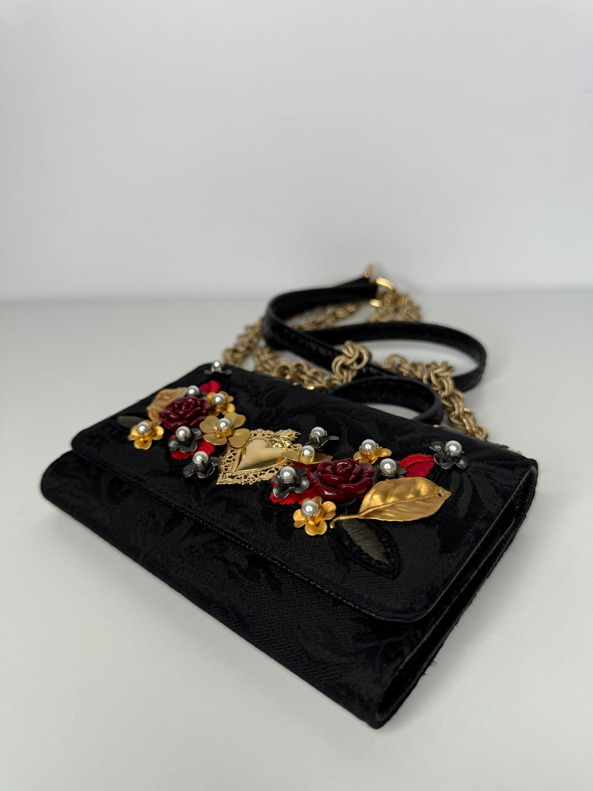Dolce Gabbana Rare Sicily Von Bag Black with Roses and Sacred Heart
