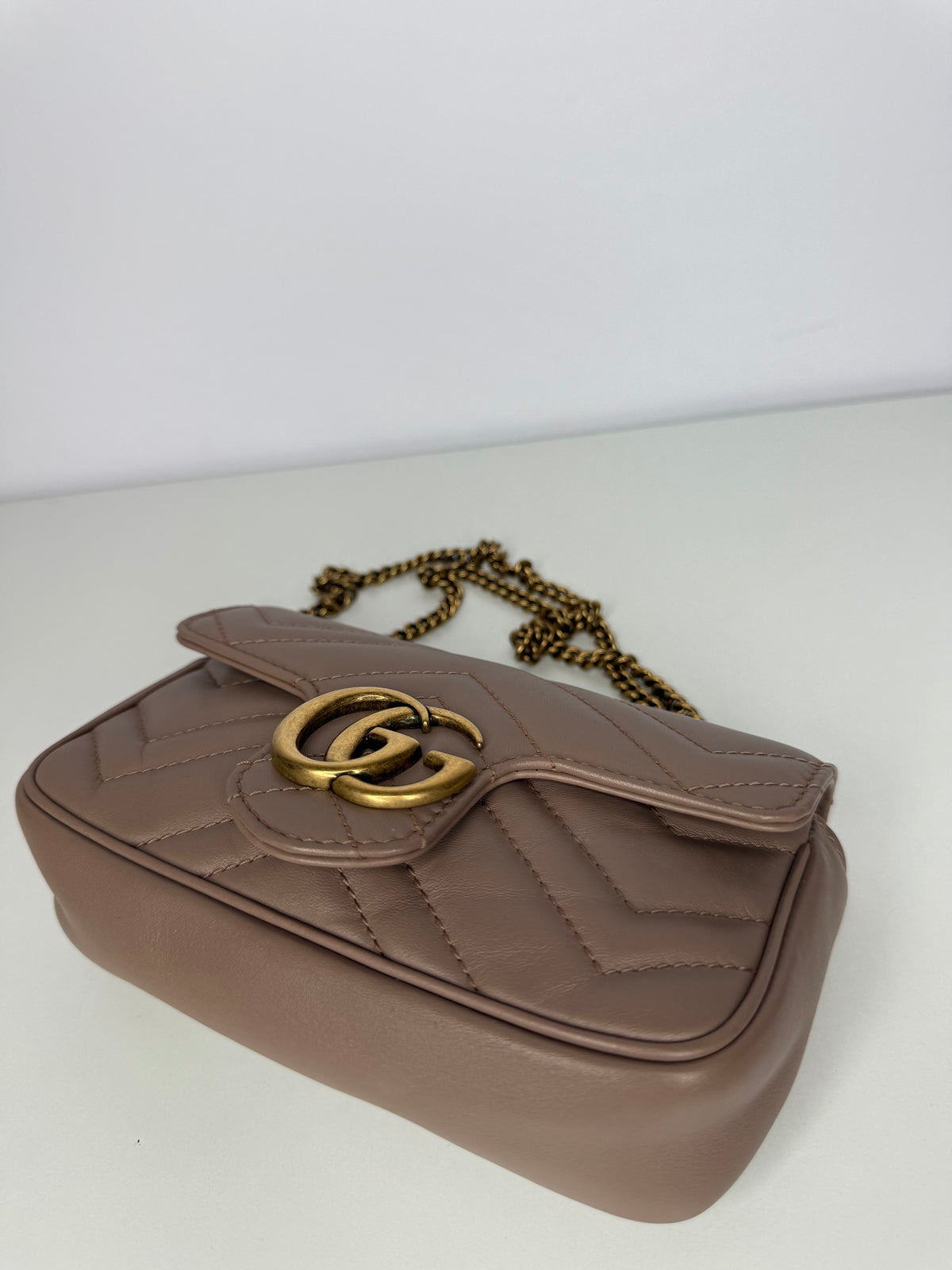 Gucci Calfskin Matelasse Super Mini GG Marmont Shoulder Bag Porcelain Rose