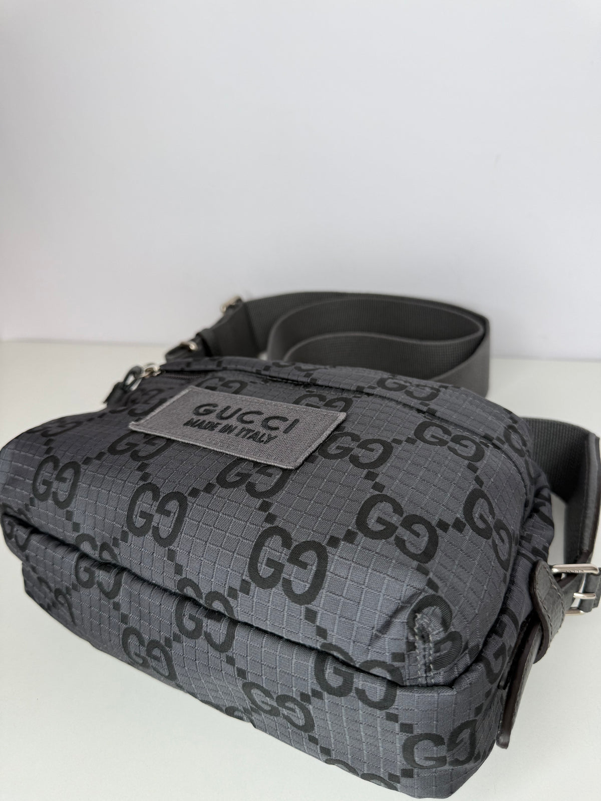 Gucci Men’s Medium GG Ripstop Damier Crossbody Bag Grey