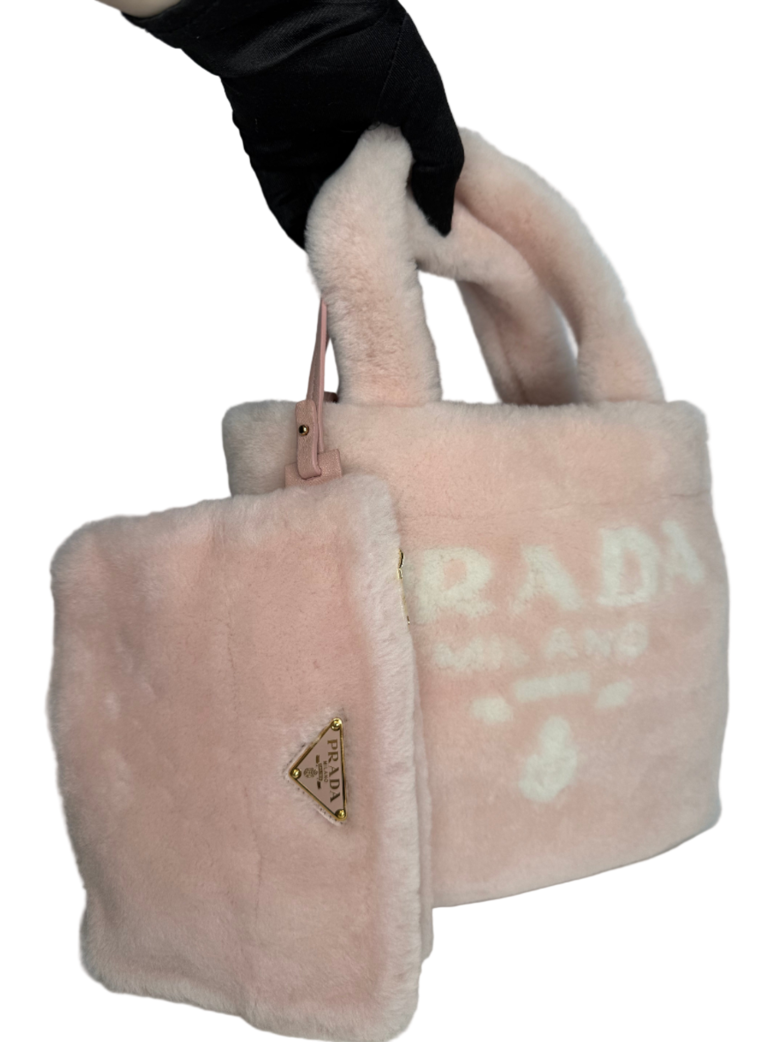 Prada Terry Pink Shearling Small Tote with Pouch