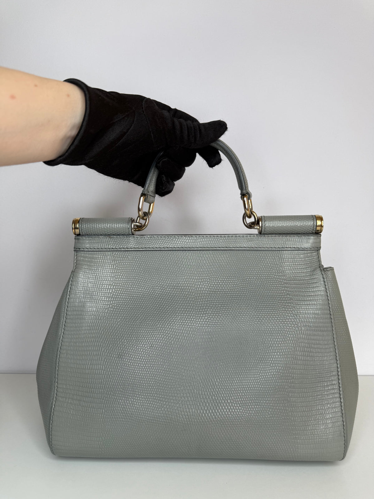 Dolce Gabbana Grey Lizard Embossed Leather Medium Miss Sicily Top Handle Bag