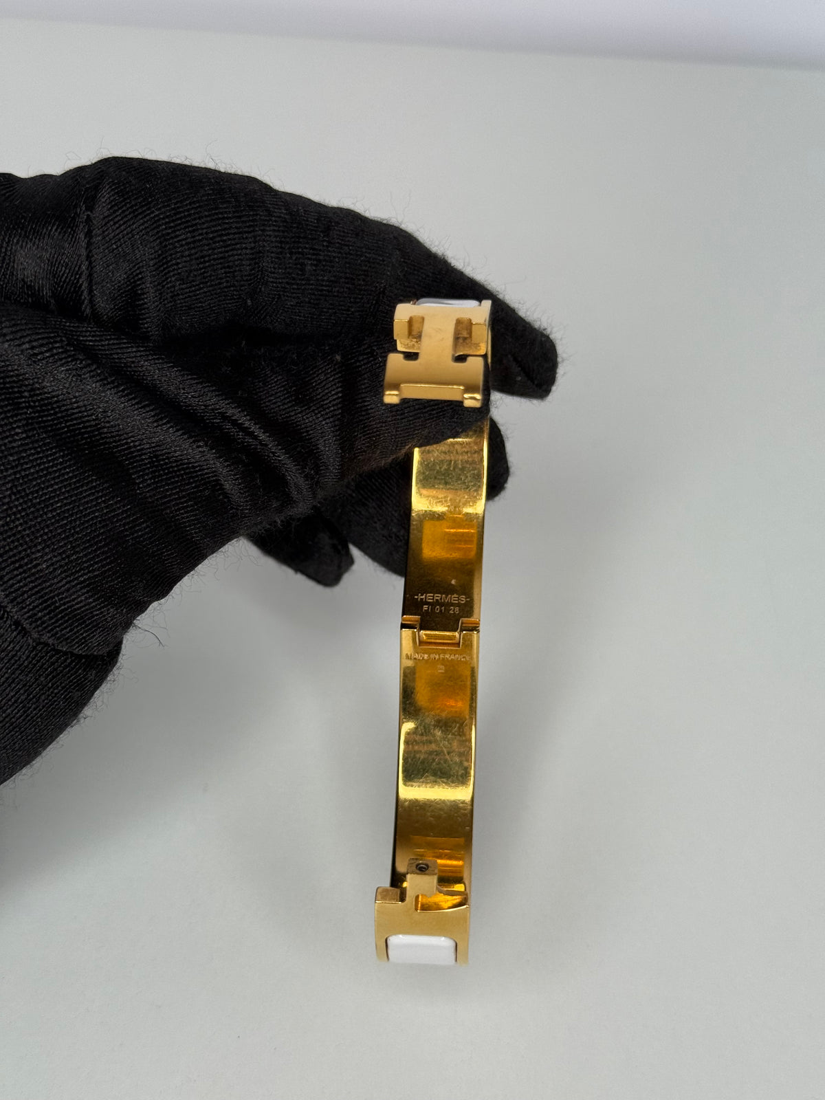 Hermès Clic H White Enamel Gold Narrow Bracelet
