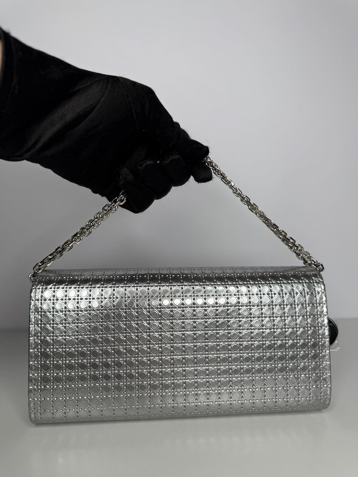 Christian Dior Lady Dior Croisiere Perforated Wallet on Chain in Silver