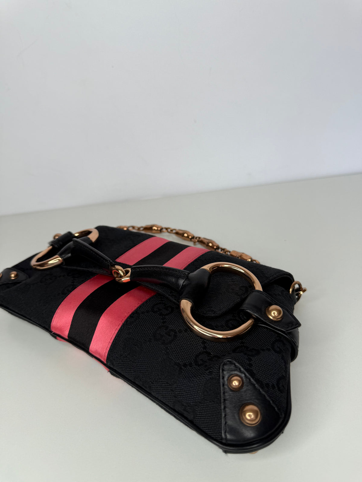 Gucci Vintage Tom Ford Era Black/Pink GG Canvas Horsebit Chain Clutch Rose Gold