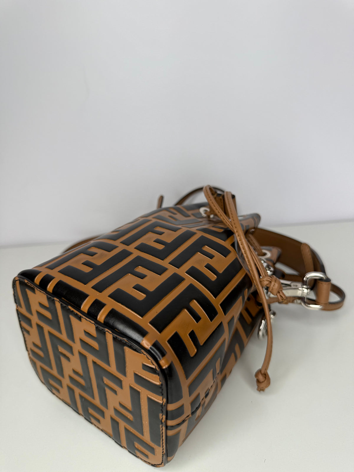Fendi Brown/Black Zucca Leather Mini Mon Tresor Drawstring Bucket Bag