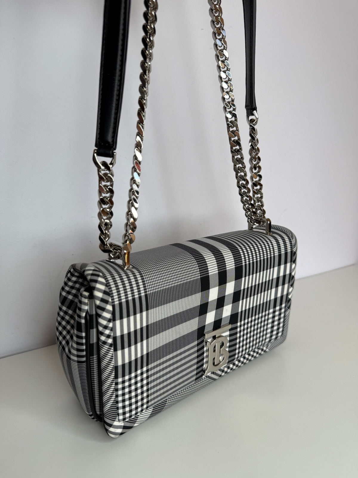 Burberry Small Lola Bag Black & White Nylon Check with Monogram TB Print
