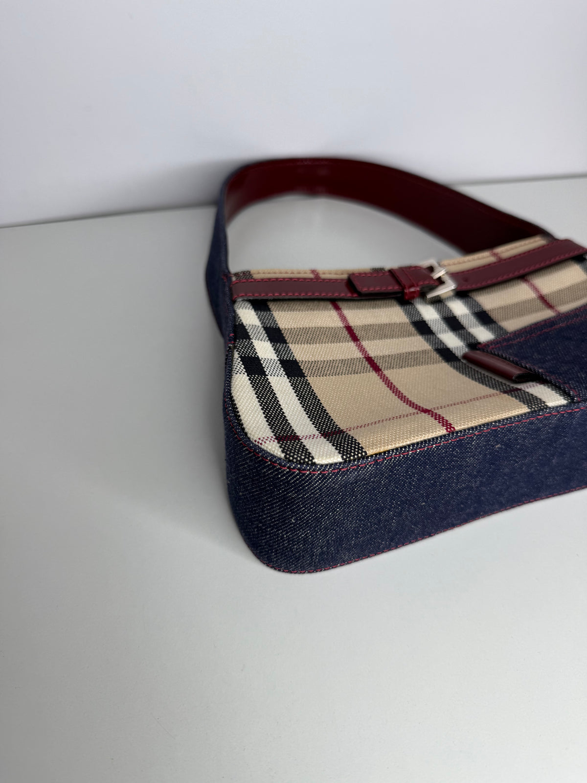 Burberry House Check Canvas Burgundy Buckle with Denim Pocket Detail Pochette