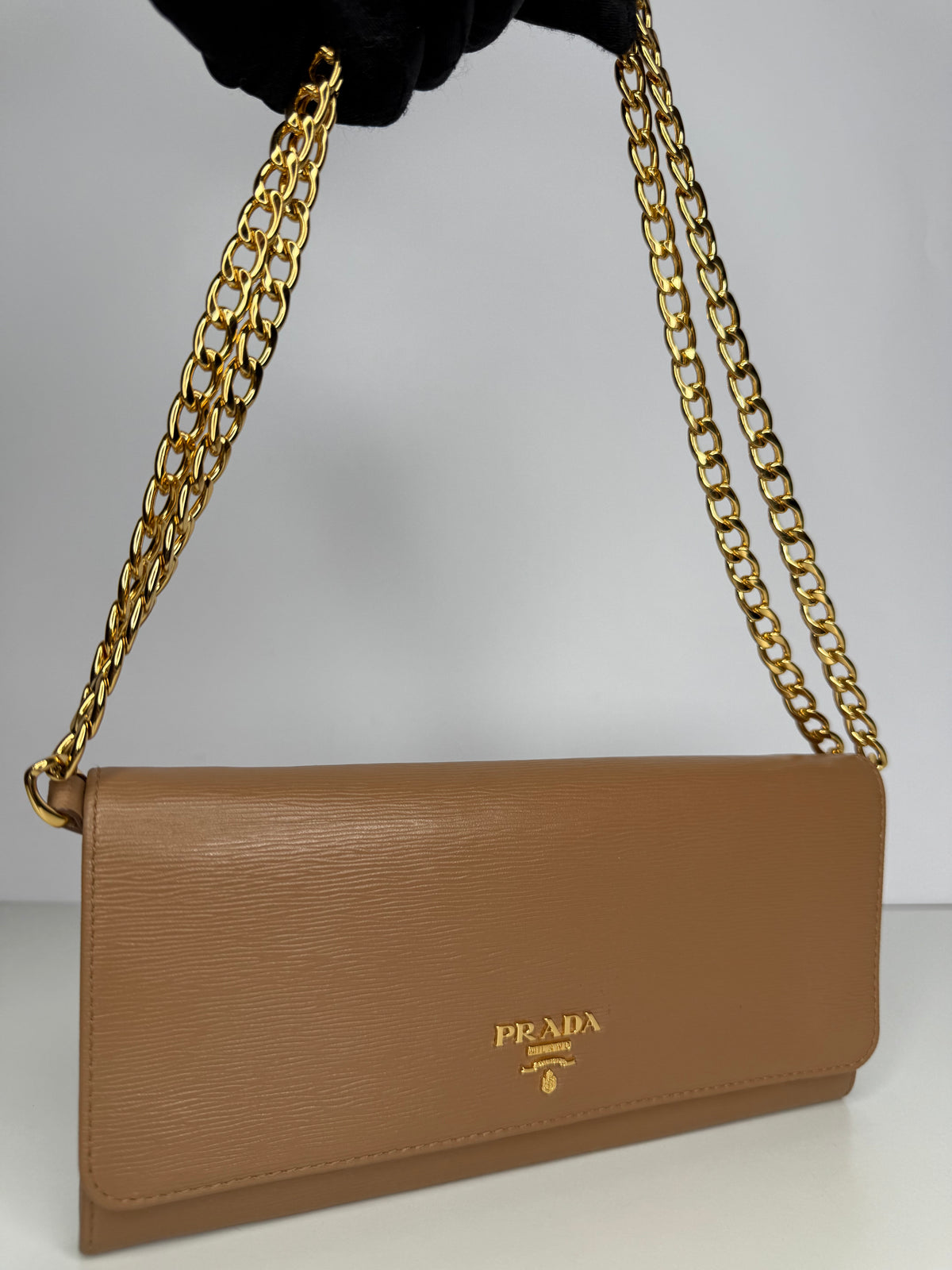 Prada Tan Vitello Move Leather Wallet on Chain